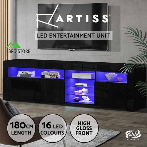 Artiss TV Cabinet Entertainment Unit Stand RGB LED Gloss 3 Doors 180cm Black
