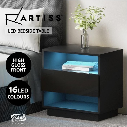Artiss Bedside Tables 2 Drawers Side Table RGB LED Gloss Nightstand Black HANA