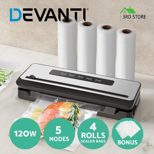 Devanti Food Vacuum Sealer Machine Sealing Cutter 5 Modes Storage Bags 4 Rolls