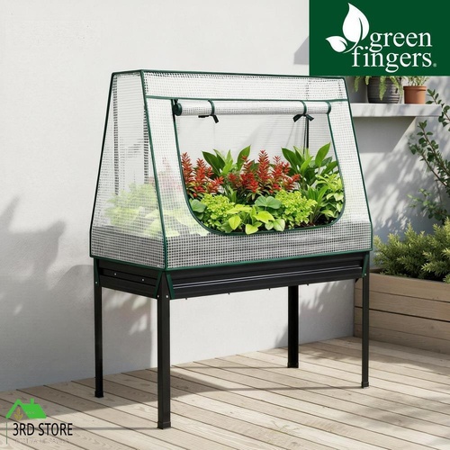 RETURNs Green Fingers Elevated Metal Garden Bed Kit w Mini Greenhouse Cover 116x60cm Stand-Up Height Trellis