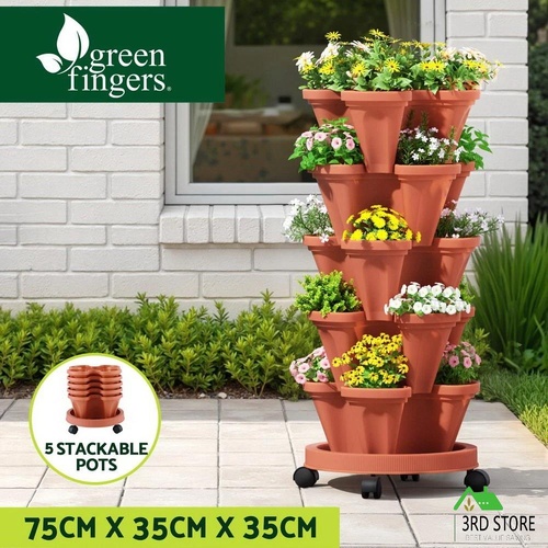 Green Fingers Raised Garden Bed 5 Tier Vertical Garden Brick Red Strawberry Stackable Planters Herbs Petunias