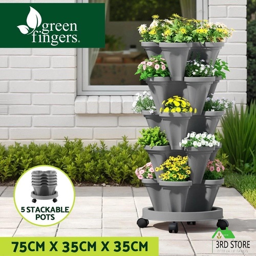 Green Fingers Raised Garden Bed 5 Tier Vertical Garden Grey Strawberry Stackable Planters Herbs Petunias