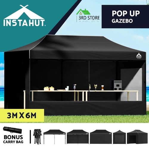Instahut Pop Up Gazebo 3x6m Folding Marquee Tent Wedding Gazebos Black