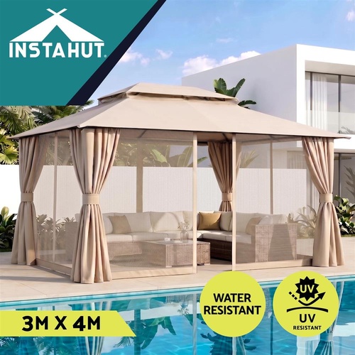 Instahut Gazebo 3x4m Canopy Outdoor Steel Frame Patio Tent Curtains Marquee Beige