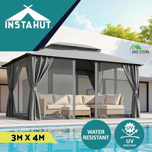 Instahut Gazebo 3x4m Canopy Outdoor Steel Frame Patio Tent Curtains Marquee Grey