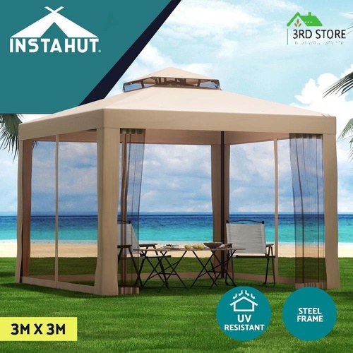 Instahut Gazebo Marquee 3m Outdoor Event Tent Camping Party Mesh Wall Canopy Brown