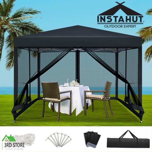 Instahut Gazebo Pop Up Marquee 3x3 Wedding Side Mesh Wall Outdoor Gazebos Black