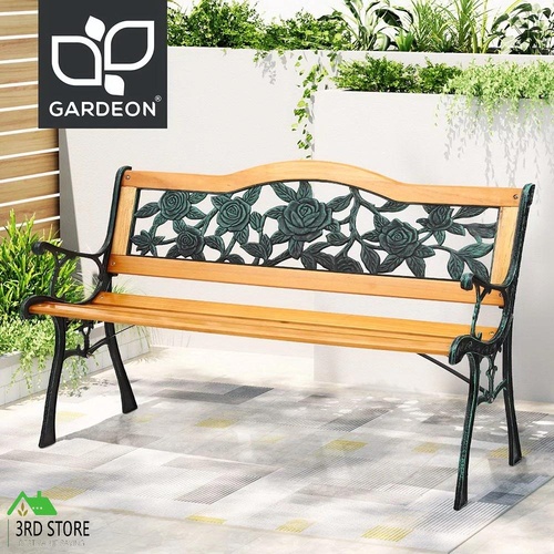 Gardeon Outdoor Garden Bench Seat 126cm Wooden Cast Iron 3 Seater Patio Furniture