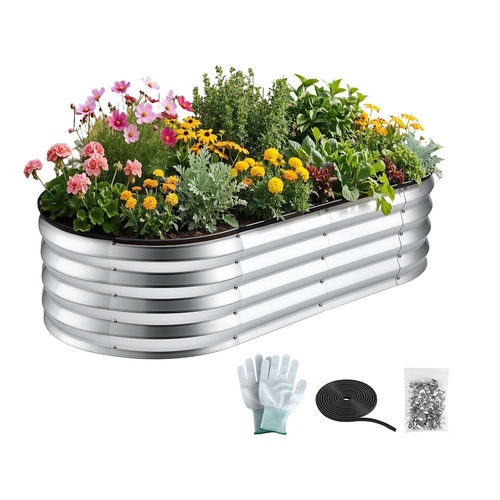Green Fingers Raised Garden Bed Galvanised Oval Metal Planter Box Large Outdoor 120x60x30cm Silver