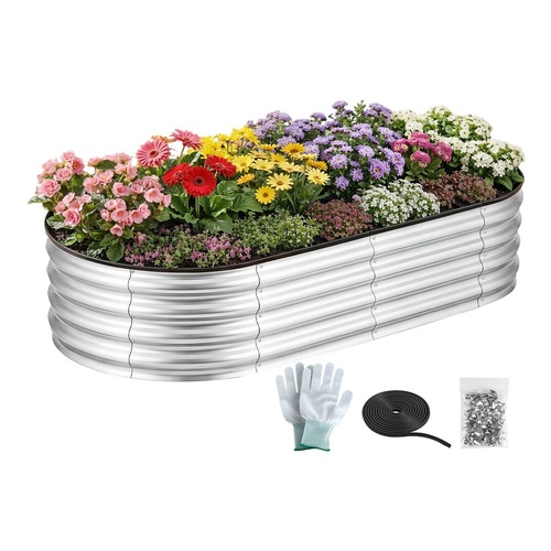 Green Fingers Raised Garden Bed Galvanised Oval Metal Planter Box Large Outdoor 150x70x30cm Silver