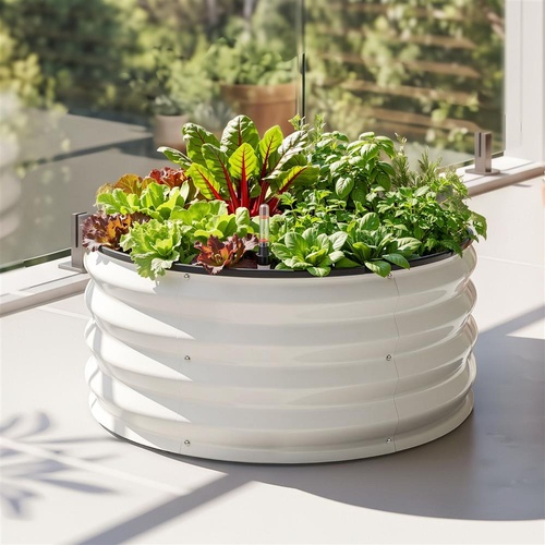 Green Fingers Self Watering Round Garden Bed Galvanised for Balcony Deck 60x60x30cm