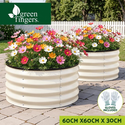 Green Fingers Round Raised Garden Bed 2 Pack Galvanised Planter Box 60x30 White
