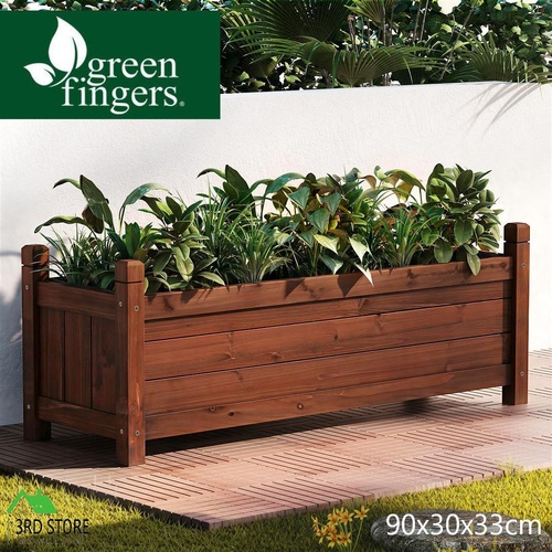 Green Fingers Garden Bed Wooden Planter Box Raised Container Growing 90x30x33cm Brown
