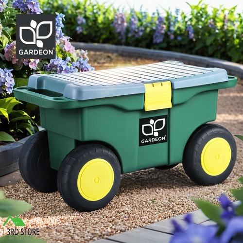Gardeon Garden Tool Storage Cart Rolling Gardening Seat Box Wheels 3-In-1 Green