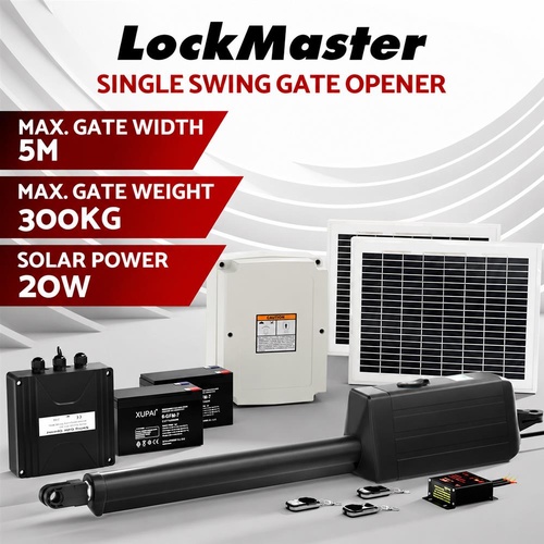 Lockmaster Single Swing Gate Opener 20W Full Solar Power Automatic 300KG 5M
