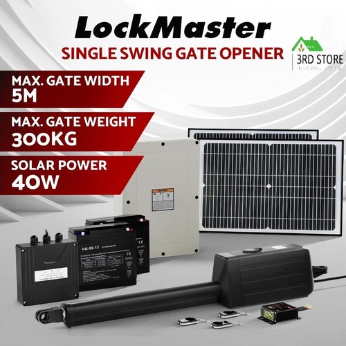 Lockmaster Single Swing Gate Opener 40W Full Solar Power Automatic 300KG 5M