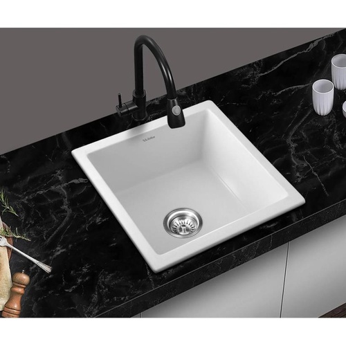 Welba Kitchen Sink 38x38cm Granite Stone Sink Basin Single Bowl White