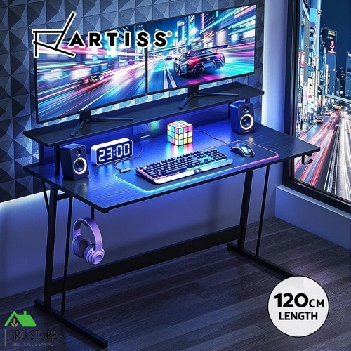 Artiss Gaming Desk with LED Lights Computer Desk Table with Monitor Shelf Power 120cm