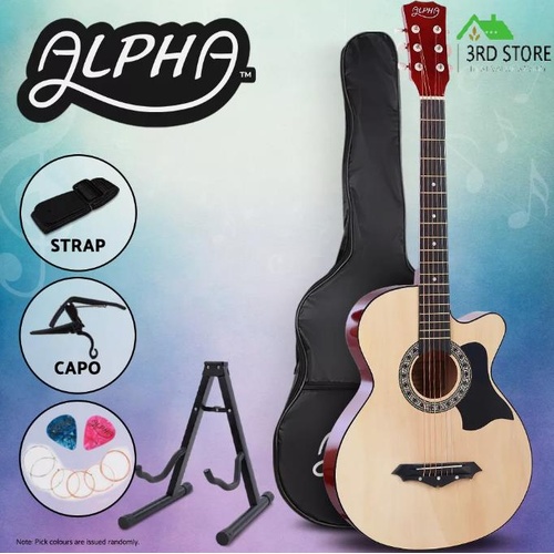Alpha 38” Inch Acoustic Guitar Set Classical Wooden Folk Strings Capo Nature