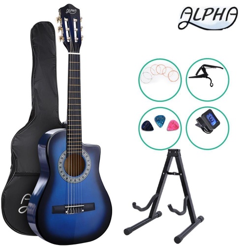Alpha 34” Inch Guitar Classical Acoustic Wooden Kids Gift 1/2 Size Capo Blue