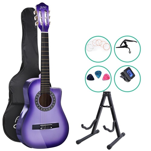 Alpha 34" Inch Guitar Classical Acoustic Cutaway Wooden Ideal Kids Gift Children 1/2 Size Purple w/ Capo Tuner
