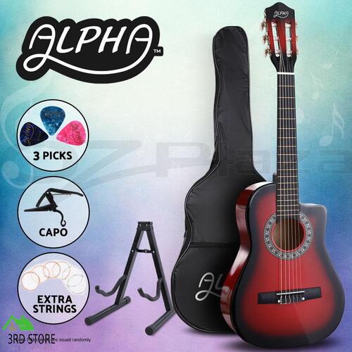 Alpha 34" Inch Guitar Classical Acoustic Cutaway Wooden Ideal Kids Gift Children 1/2 Size Red w/ Capo Tuner
