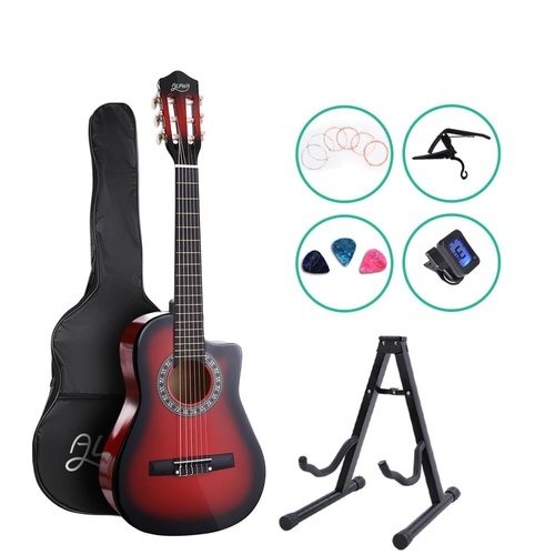 Alpha 34" Inch Guitar Classical Acoustic Cutaway Wooden Ideal Kids Gift Children 1/2 Size Red w/ Capo Tuner