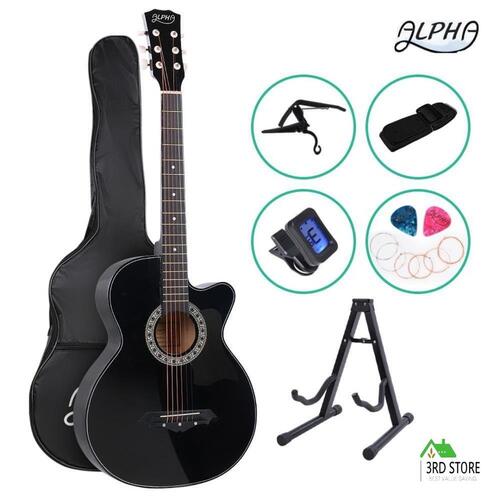 Alpha 38” Inch Acoustic Guitar Classical Wooden Folk Cutaway Steel String Bag-black