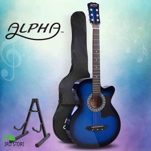 Alpha 38” Inch Wooden Acoustic Guitar Classical Folk Full Size w/ Bag Capo Blue