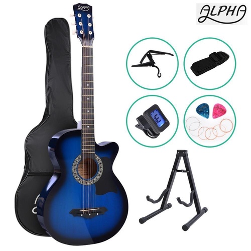Alpha 38” Inch Wooden Acoustic Guitar Classical Folk Full Size w/ Bag Capo Blue
