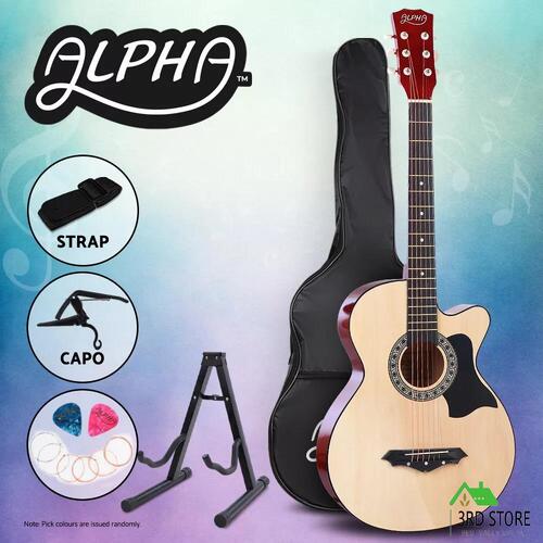 Alpha 38 Inch Acoustic Guitar Wooden Body Steel String Full Size w/ Stand Wood