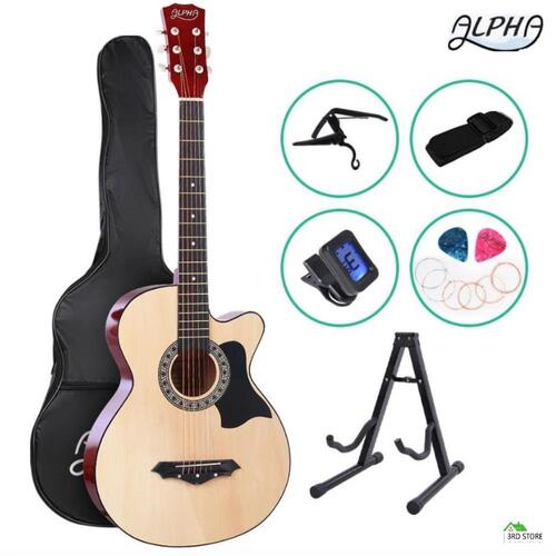 Alpha 38” Inch Wooden Acoustic Guitar Classical Folk Full Size w/ Bag Capo Tuner