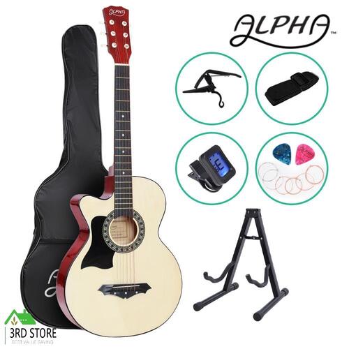 Alpha 38” Inch Wooden Acoustic Guitar Left Handed Classical Folk Full Size Capo