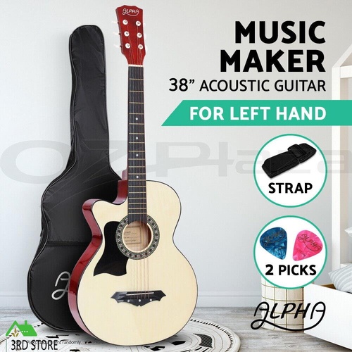 RETURNs Alpha 38” Wooden Acoustic Guitar Left Handed Folk Classical Cutaway Steel
