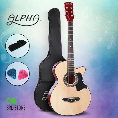 Alpha 38” Wooden Acoustic Guitar Left Handed Folk Classical Cutaway Steel