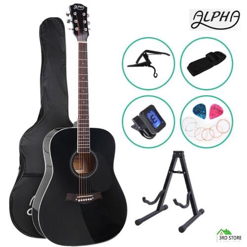 Alpha 41” Inch Wooden Acoustic Guitar Classical Folk Full Size w/ Bag Capo Black