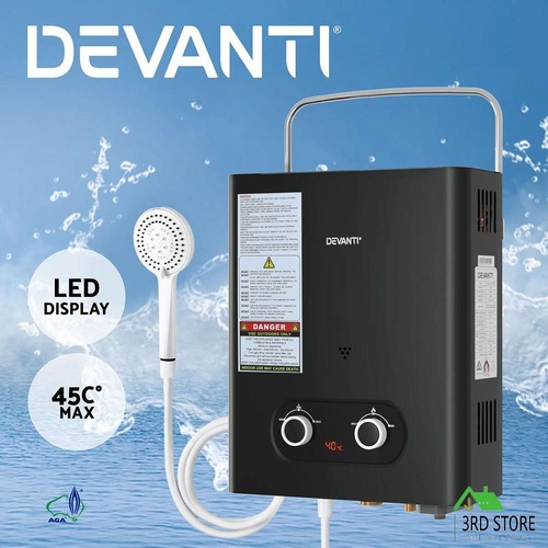 RETURNs Devanti Outdoor Portable Gas Water Heater 6LPM Camping Shower Black