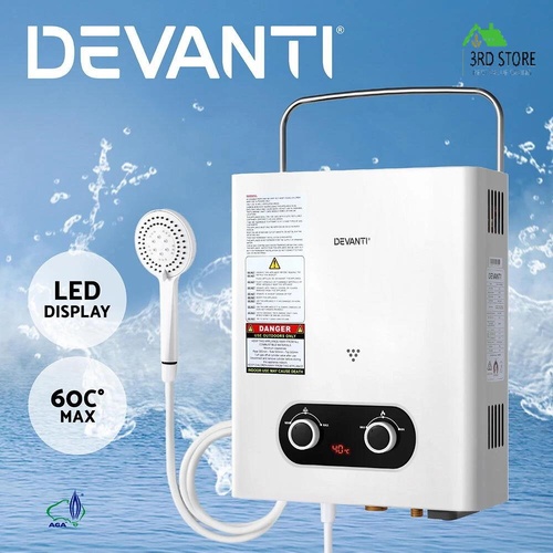 Devanti Portable Gas Water Heater 6LPM Outdoor Camping Shower White