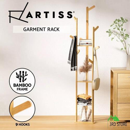 Artiss Clothes Rack Coat Stand 165cm 9 Hooks Tree Shelf Bamboo
