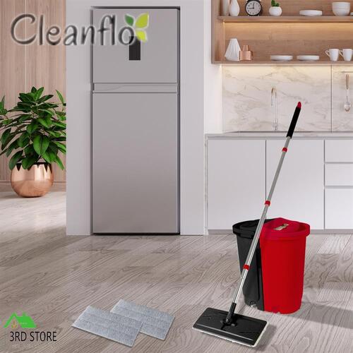 Flat Mop Bucket Floor Cleaner Set Stainless Steel Wet Dry Microfiber Mop Heads Black