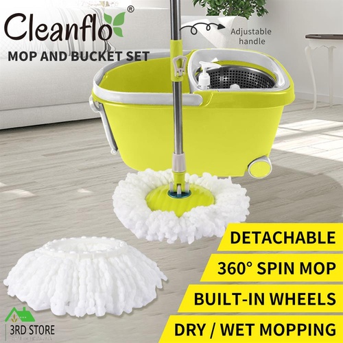 Cleanflo 360° Spin Mop Bucket Set Stainless Steel Rotating Wet Dry Microfiber
