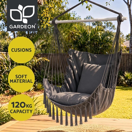 Gardeon Hammock Chair Camping Macrame Hanging Swing Cushions Metal Bar Grey