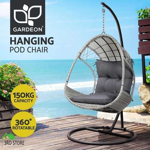Gardeon Outdoor Egg Swing Chair with Stand Cushion Wicker Armrest Light Grey