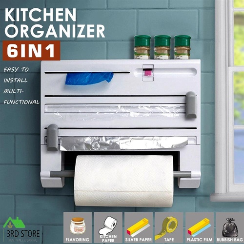 6in1 Wall Mounted Kitchen Rack Towel Holder Foil Roll Organizer Film Dispenser