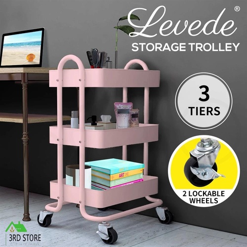 3 Tiers Kitchen Trolley Cart Steel Storage Rack Shelf Organiser Wheels Pink
