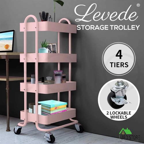 Levede 4 Tiers Kitchen Trolley Cart Steel Storage Rack Shelf Organiser Pink