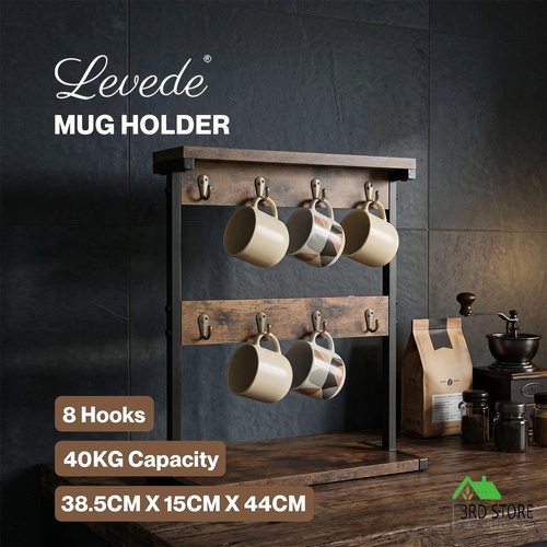 Levede Mug Rack 8 Hook Storage Holder Stand Kitchen Counter Cup Organizer Rustic