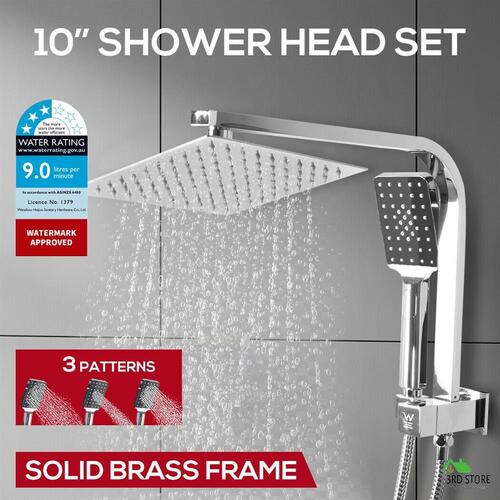 Shower Head Set Rain Silver Square Brass Taps Mixer Handheld High Pressure 10"