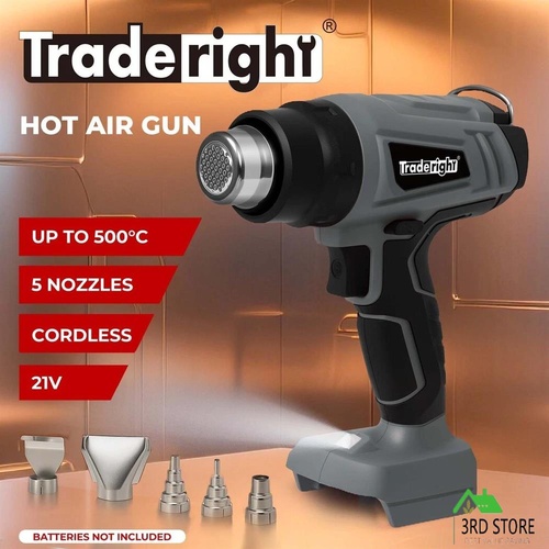 Traderight Heat Gun Kit Battery Operated 21V 500°C Turbo Air Flow with 5 Nozzles