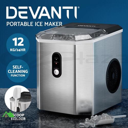 Devanti Portable Ice Maker Machine Ice Cube 12kg Bar Countertop Stainless Steel
